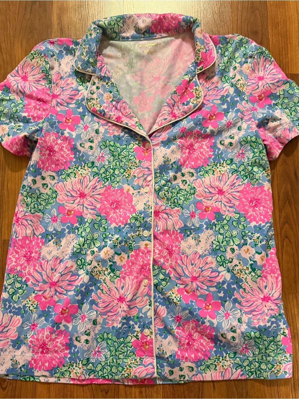 This Lilly Pulitzer pajama knit button-up top a vibrant 